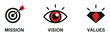 © Vector By Thakur - Mission Vision Values Icons: A set of three graphic icons representing Mission, Vision, and Values, with a target and arrow for Mission, an eye for Vision, and a diamond for Values.