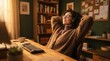 © Masque - Relaxed Caucasian woman with glasses listening to music on headphones in home office