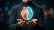 © Masque - Glowing fusion of heart and brain held in hands symbolizing balance between emotion and rational thinking.
