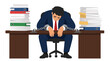 © RobiulIslam - Exhausted businessman in navy suit chained to desk surrounded by towering stacks of paperwork, depicting corporate burnout and work overload stress