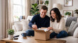 © Helga - Happy couple receiving a pharmacy delivery package at home, opening a medical supply box together in a warm living room, healthcare e-commerce, online pharmacy service and family wellness concept