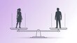 © TAP39 - Silhouettes of a man and a woman standing on a balanced weight scale representing gender equality and social justice on a minimalist background for corporate banner.