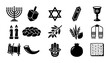 © Asset Aura - Jewish religious icons set, 15 black silhouette judaism symbols, hanukkah and passover holiday elements, traditional hebrew ritual objects vector