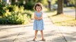 © samia - Angry Toddler Girl with Crossed Arms Standing on Sunlit Sidewalk in Blue Dress, Frustrated Child Expression, Summer Day Outdoors, Childhood Emotions, Suburban Neighborhood, Parenting Challenges,