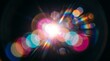 © Eshal - Vibrant abstract lens flare background featuring a brilliant burst of prismatic light, overlapping translucent colorful bokeh circles, and glowing radiant beams isolated on a deep black cinematic