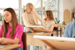 © Pixel-Shot - Female art teacher giving lecture to students at school