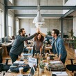 © utaem2022 - Employees celebrate teamwork with high five in modern industrial office workspace