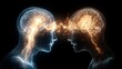 © Avaleart - Two translucent digital human silhouettes, brains illuminated with neural pathways, connected by electric energy, on black background