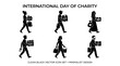 © MYT Studio - Silhouettes representing volunteers carrying donation boxes and supplies are displayed in a clean vector icon set to illustrate the collective effort of people participating in international charity.