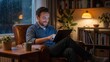 © Hala - Man relaxing in armchair using digital tablet by window on rainy evening at home