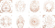 © Jahanara - Collection of mystical boho esoteric line art vector icons featuring magic crystal ball cauldron and palmistry hand