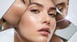 © BackgroundStudio - A close-up shot of a young womans face framed by triangular mirror shards reflecting different angles, highlighting glowing skin and subtle makeup.