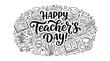 © Jamina - A beautiful hand drawn doodle illustration with decorative lettering for teachers day celebration featuring school supplies and educational icons on a clean white background design