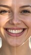 © avivmuzi - A vibrant split portrait of a smiling woman revealing a remarkable before and after dental and beauty comparison, showcasing enhanced radiance and confidence