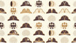 © Surmi - Historical seamless pattern of classic tricorn hats, lace bows, and royal accessories on a vintage cream background.
