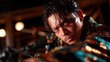 © Larisa AI - A determined man captures attention with his intense expression while holding a samurai sword, illustrating strength and cultural pride.