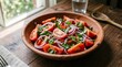 © Polash - Fresh Mediterranean Tomato Salad with Thin Red Onion Rings and Torn Basil Leaves in Rustic Terracotta Bowl on Dark Wooden Table Near Bright Sunlit Window, Healthy Vegetarian Summer Food Photography,