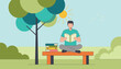 © Adrien - Man sitting cross-legged on a wooden bench while reading a book under the shade of a colorful tree on a sunny day.