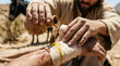 © Akash Tholiya - The Good Samaritan helping a wounded, beaten man on a dusty desert road. Biblical parable of mercy and compassion
