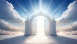 © Courtney - shimmering white gates of heaven highlighted by soft cloud patterns and a glowing top resting against a peaceful white backdrop