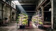 © Muliana - Woman working in indoor vertical hydroponic farm inside abandoned factory