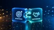 © GalleryVisualLab - Strategic partnership and business integration concept showing two glowing puzzle pieces with target and handshake icons