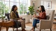 © Michael - Psychologist listening to female patient during therapy session in bright office, mental health counseling and psychological support concept, professional discussion and emotion...