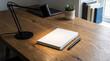 © night - Blank Notebook with Desk Lamp on Wooden Table Symbolizing Productivity, Office Workspace
