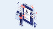 © Barnaby - Person interacting with a large digital tablet interface showing user profile data and educational information in a modern workspace.