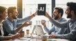 © Lim - Excited startup founders celebrating a successful AI project at their office with coffee