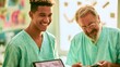 © Yassine - Young doctor smiles while looking at tablet with older doctor reviewing notes in a hospital setting