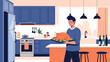 © Marufa - Happy young man carrying a hot roasted Thanksgiving turkey on a tray inside a beautiful modern kitchen space.