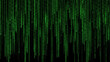 © Mahmudul - Cascading green digital code rain falling vertically on a black background, representing computer programming, matrix data stream, and cybersecurity concepts