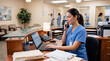 © Natali IQstock - Side view of young nurse in scrubs answering phone and entering data on laptop at hospital reception desk, medical scheduling concept