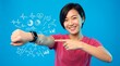 © Aurora Aesthetics - smartwatch woman doodle wearable health tracking technology fitness data smiling user points to a wrist device among wellness charts on blue for activity monitoring and connected lifestyle campaigns