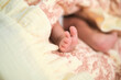 © yavdat - A newborn baby rests under soft pastel blankets, with tiny toes in sharp focus against a blurred face. The image reflects infant care, fragile life, family tenderness, and early parenthood.
