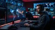 © Rasyid - A professional cybersecurity specialist monitors global server traffic and manages complex data threats while sitting at a computer desk within a high-tech surveillance command center