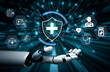 © InfiniteFlow - Futuristic Healthcare Technology Concept Featuring Robot Hand and Digital Medical Symbols in a Modern Abstract Design Quark.