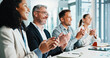 © peopleimages.com - Happy, meeting or business people with applause in office for good job or presentation. Excited group, employees or clapping with smile or cheer for congratulations, promotion or success in workplace