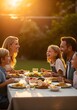 © compas - Warm family sharing joyful meal together during golden hour outdoor dining experience with captures heartwarming moment family enjoying vibrant radiating happiness togetherness