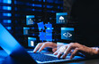 © Supatman - Low code no code development platform concept. Programmer using laptop, showing digital puzzle pieces connecting software modules, drag and drop app coding, application for rapid solution building