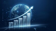 © Alima.Std - Digital business growth concept featuring a glowing 3D bar graph with five glass pillars and a rising white arrow set against a holographic world globe on a dark blue background.