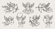 © curly - Hand drawn vintage cupid set with romantic love hearts and elegant bows. Line art amour sketches for beautiful February valentine celebration. Premium vector bundle for aesthetic wedding print design