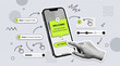 © Itx Musa - Modern retro halftone hand collage with smartphone app onboarding interface. User experience mockup featuring welcome screen, profile setup, hand gestures, progress flow, and navigation elements.