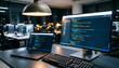 © bikram - Modern developer workstation with programming code on dual screens in a late-night office setting. Software engineer workspace featuring a laptop, monitor with lines of code, and mechanical keyboard.