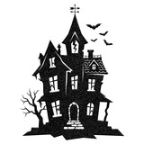 Spooky haunted house silhouette, gothic Halloween mansion with bats and bare tree, dark creepy castle graphic element on white background