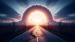 © Ahsanul - Dramatic landscape view featuring long empty highway leading toward bright ethereal portal in sky amidst desolate plains with bare trees.