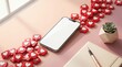© StockNova - Smartphone with blank white screen on a pink desk surrounded by many red heart notification a small succulent plant, and a notebook