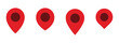 © Dark - Red location pin icons set. Collection of four red location pin icons featuring different map marker shapes with dark circular centers.