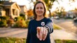© MSTHIRAMONY - Woman pointing at camera wearing an i voted button outdoors